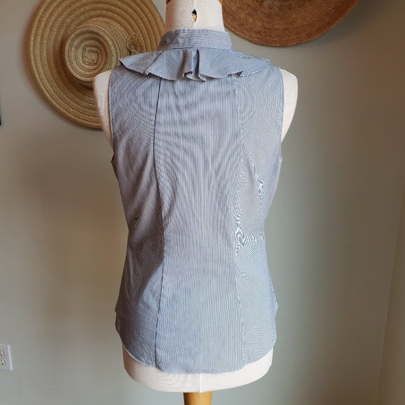 Tahari Sleeveless Ruffle Neckline Striped Blouse - Picture 4 of 8